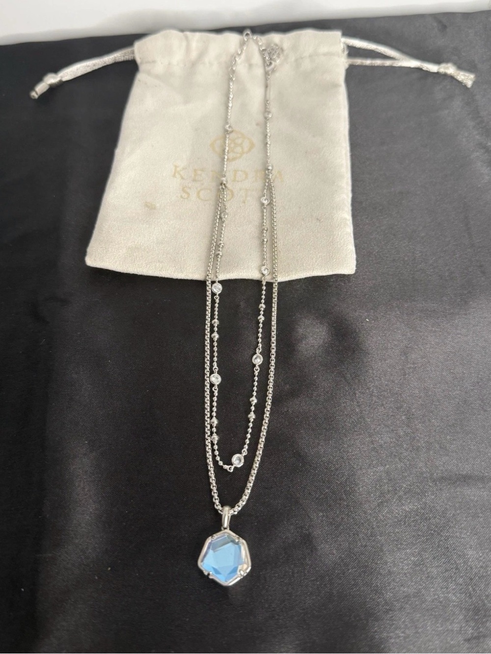 Kendra Scott Silver Double-Layer Necklace with Light Blue Pendant
